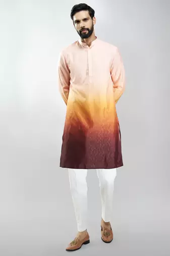 men brown silk blend ombre kurta set with cream pant  wedding & festive wear