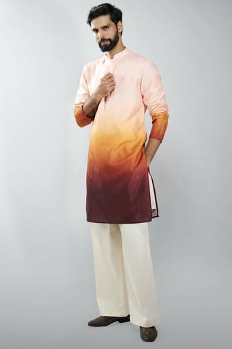 brown silk blend ombre kurta set with cream palazzo pant
