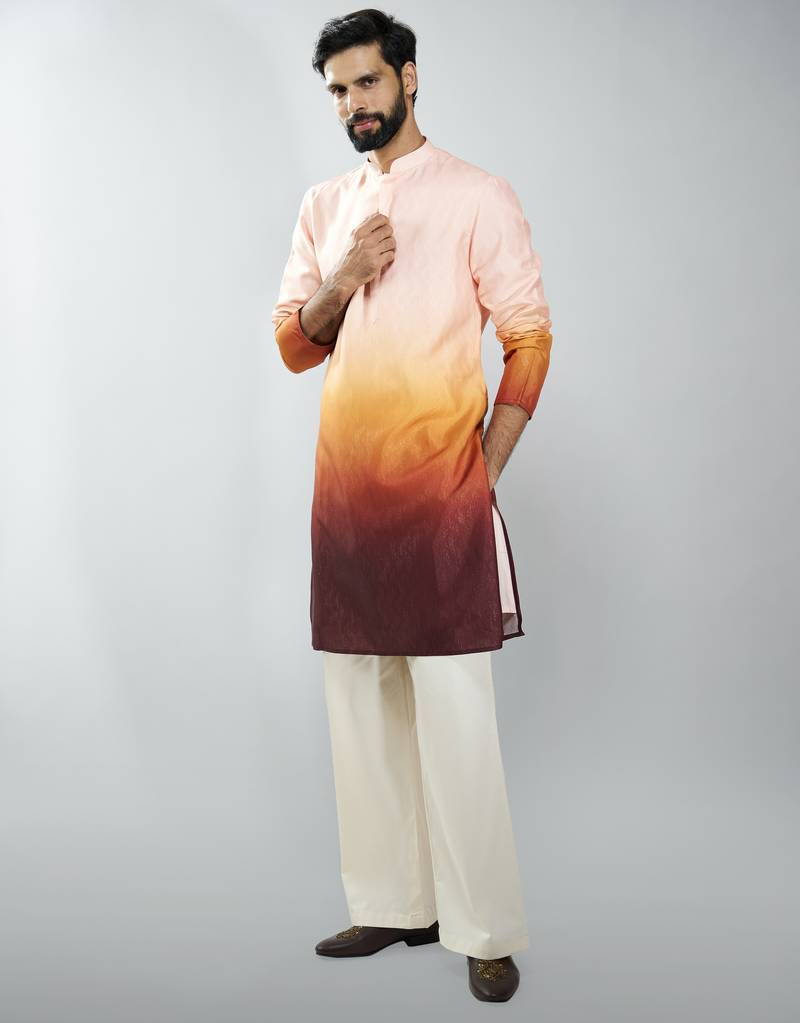 brown silk blend ombre kurta set with cream palazzo pant