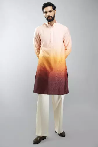 brown silk blend ombre kurta set with cream palazzo pant