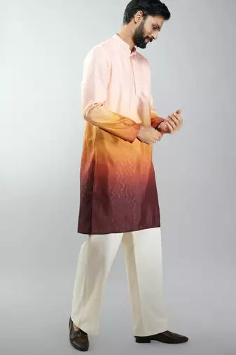 brown silk blend ombre kurta set with cream palazzo pant