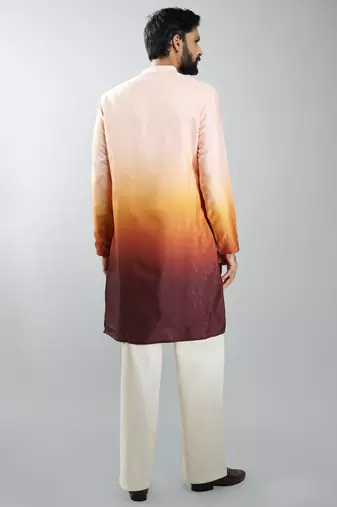 brown silk blend ombre kurta set with cream palazzo pant