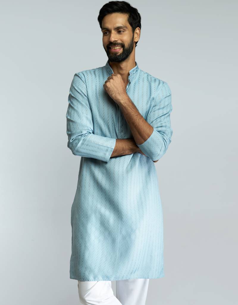 men aqua cotton blend jacquard embroidered long kurta  wedding & festive wear