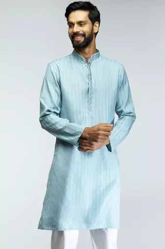 men aqua cotton blend jacquard embroidered long kurta  wedding & festive wear