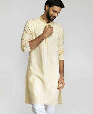 men yellow cotton blend jacquard embroidered long kurta  wedding & festive wear 1