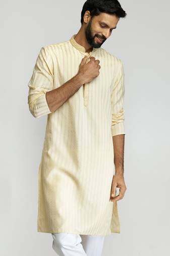 men yellow cotton blend jacquard embroidered long kurta  wedding & festive wear