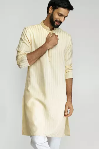 Vastramay men yellow cotton blend jacquard embroidered long kurta | wedding & festive wear