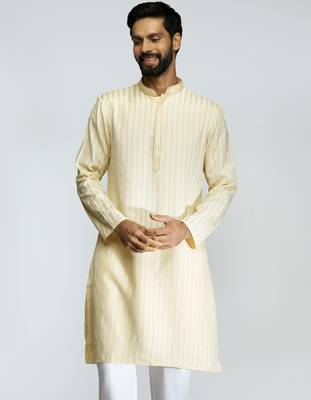 men yellow cotton blend jacquard embroidered long kurta  wedding & festive wear 3