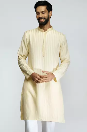 men yellow cotton blend jacquard embroidered long kurta  wedding & festive wear