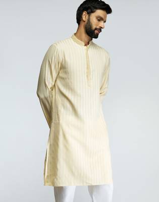 men yellow cotton blend jacquard embroidered long kurta  wedding & festive wear 4