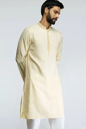 men yellow cotton blend jacquard embroidered long kurta  wedding & festive wear