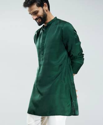 men bottle green silk kurta  solid mid-length kurta for wedding & festive wear 1