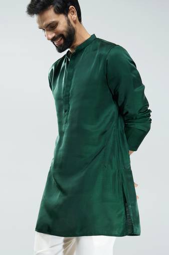 men bottle green silk kurta  solid mid-length kurta for wedding & festive wear
