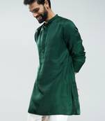 men bottle green silk kurta  solid mid-length kurta for wedding & festive wear
