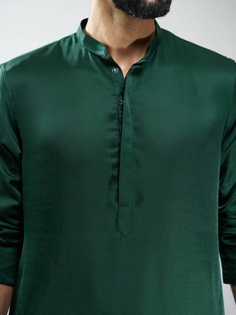 men bottle green silk kurta  solid mid-length kurta for wedding & festive wear