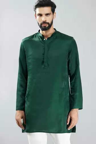 men bottle green silk kurta  solid mid-length kurta for wedding & festive wear