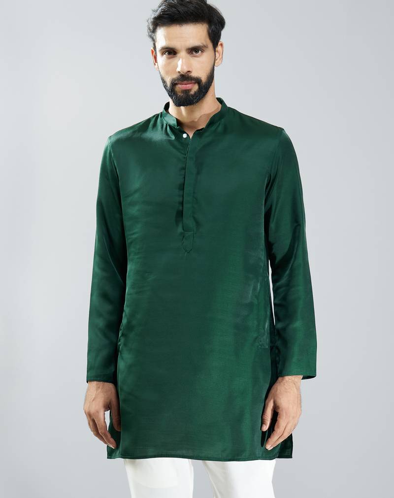 men bottle green silk kurta  solid mid-length kurta for wedding & festive wear