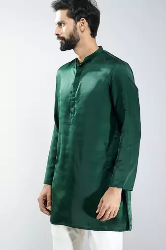 men bottle green silk kurta  solid mid-length kurta for wedding & festive wear