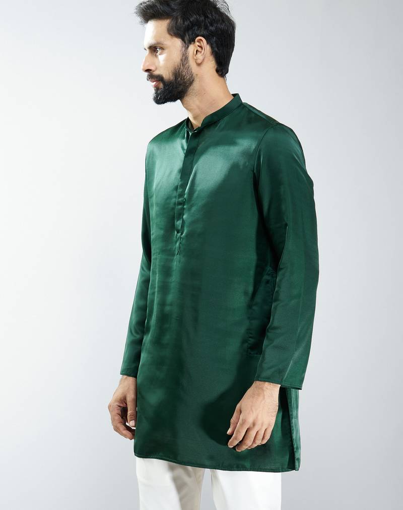 men bottle green silk kurta  solid mid-length kurta for wedding & festive wear
