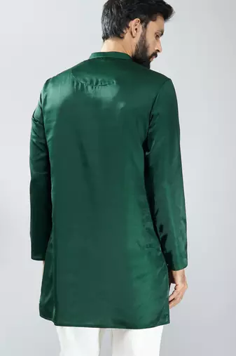 men bottle green silk kurta  solid mid-length kurta for wedding & festive wear