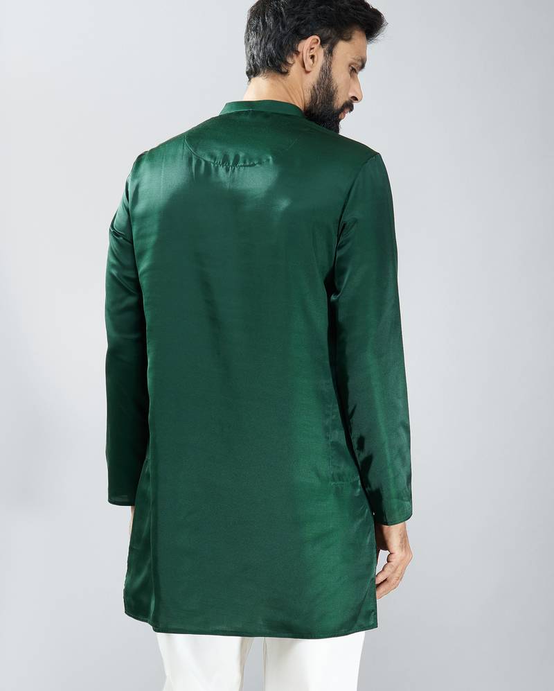 men bottle green silk kurta  solid mid-length kurta for wedding & festive wear