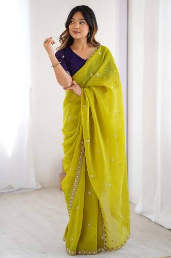 Elegant lime green crunchy fabric saree with multi embroidery & stone work