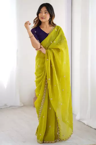 Elegant lime green crunchy fabric saree with multi embroidery & stone work