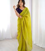 Elegant lime green crunchy fabric saree with multi embroidery & stone work