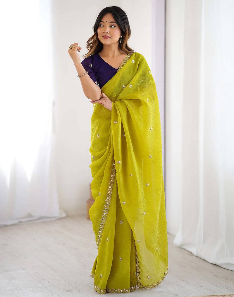 Elegant lime green crunchy fabric saree with multi embroidery & stone work
