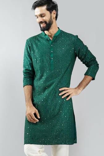 men bottle green silk blend mirror work long kurta  wedding & festive wear