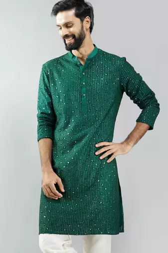 Vastramay men bottle green silk blend mirror work long kurta | wedding & festive wear