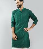 men bottle green silk blend mirror work long kurta  wedding & festive wear