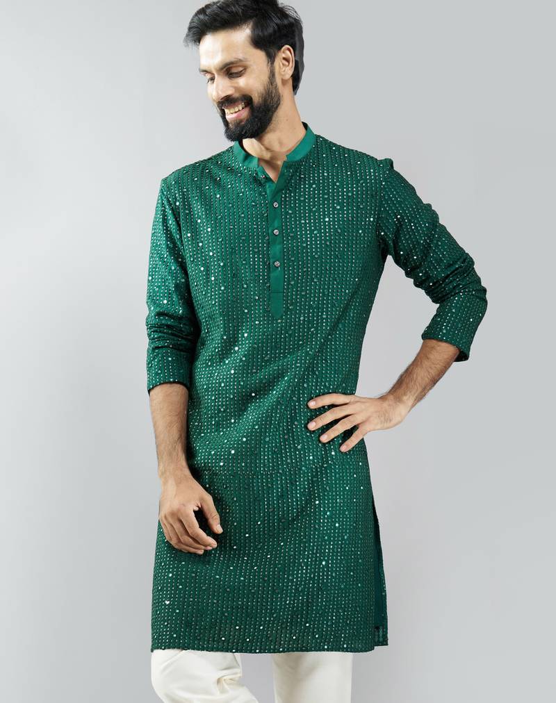 men bottle green silk blend mirror work long kurta  wedding & festive wear