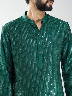 men bottle green silk blend mirror work long kurta  wedding & festive wear 2