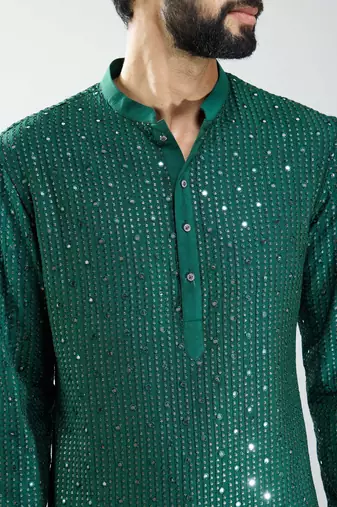 men bottle green silk blend mirror work long kurta  wedding & festive wear
