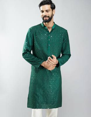 men bottle green silk blend mirror work long kurta  wedding & festive wear 3