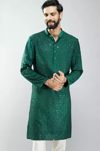 men bottle green silk blend mirror work long kurta  wedding & festive wear