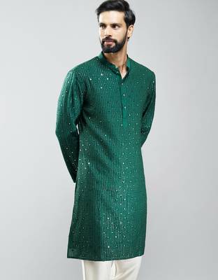 men bottle green silk blend mirror work long kurta  wedding & festive wear 4
