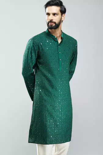 men bottle green silk blend mirror work long kurta  wedding & festive wear