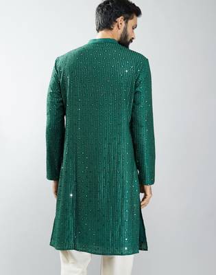 men bottle green silk blend mirror work long kurta  wedding & festive wear 5