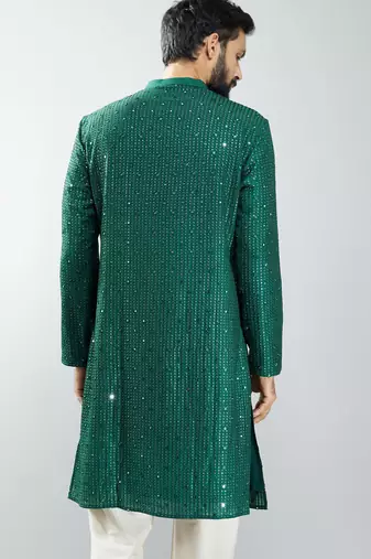 men bottle green silk blend mirror work long kurta  wedding & festive wear