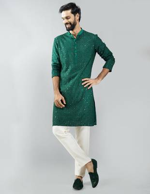 men bottle green silk blend mirror work kurta set with cream pyjama  wedding & festive wear 1