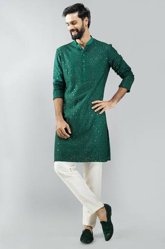 men bottle green silk blend mirror work kurta set with cream pyjama  wedding & festive wear