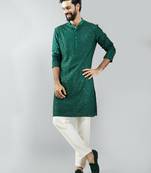 men bottle green silk blend mirror work kurta set with cream pyjama  wedding & festive wear