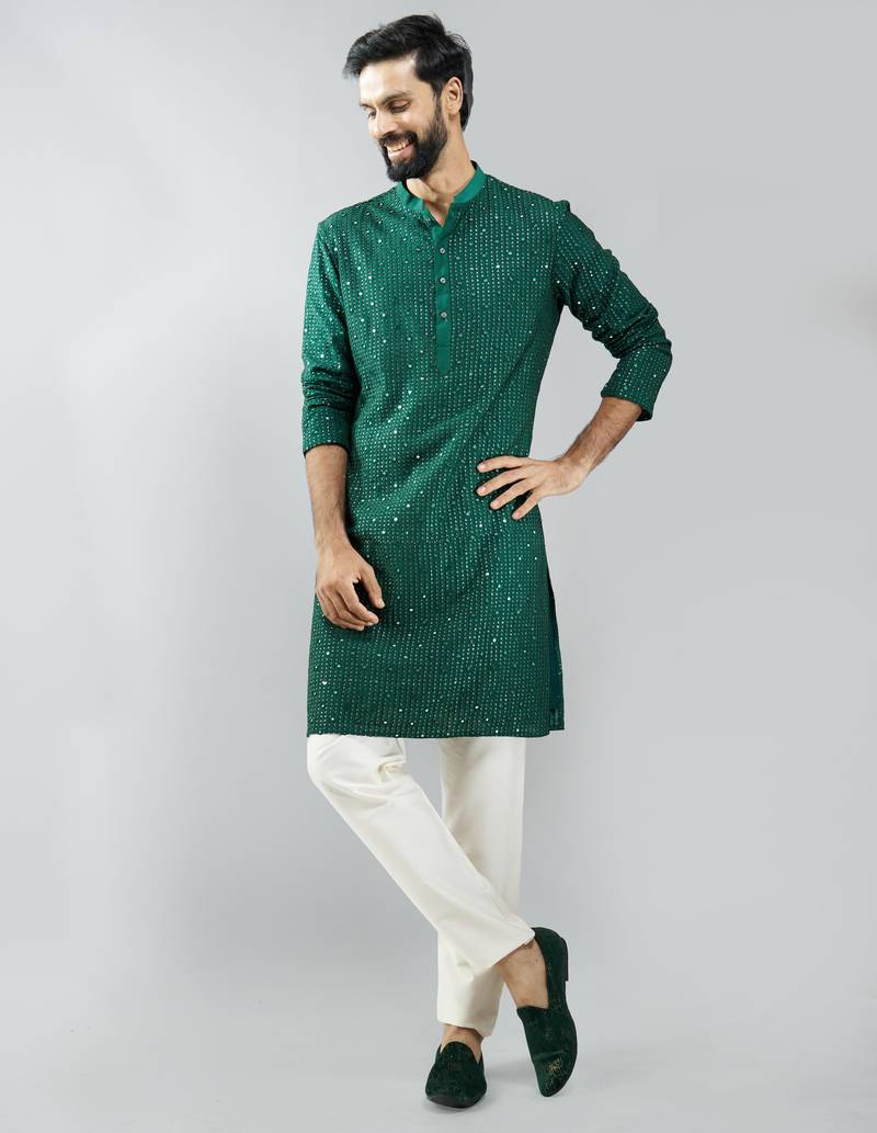 men bottle green silk blend mirror work kurta set with cream pyjama  wedding & festive wear