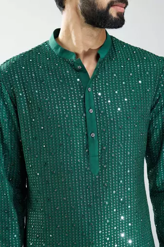 men bottle green silk blend mirror work kurta set with cream pyjama  wedding & festive wear