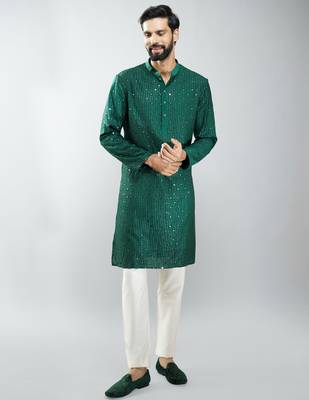 men bottle green silk blend mirror work kurta set with cream pyjama  wedding & festive wear 3