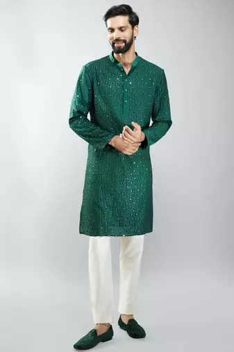 men bottle green silk blend mirror work kurta set with cream pyjama  wedding & festive wear
