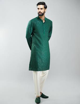 men bottle green silk blend mirror work kurta set with cream pyjama  wedding & festive wear 4
