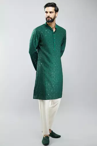 men bottle green silk blend mirror work kurta set with cream pyjama  wedding & festive wear